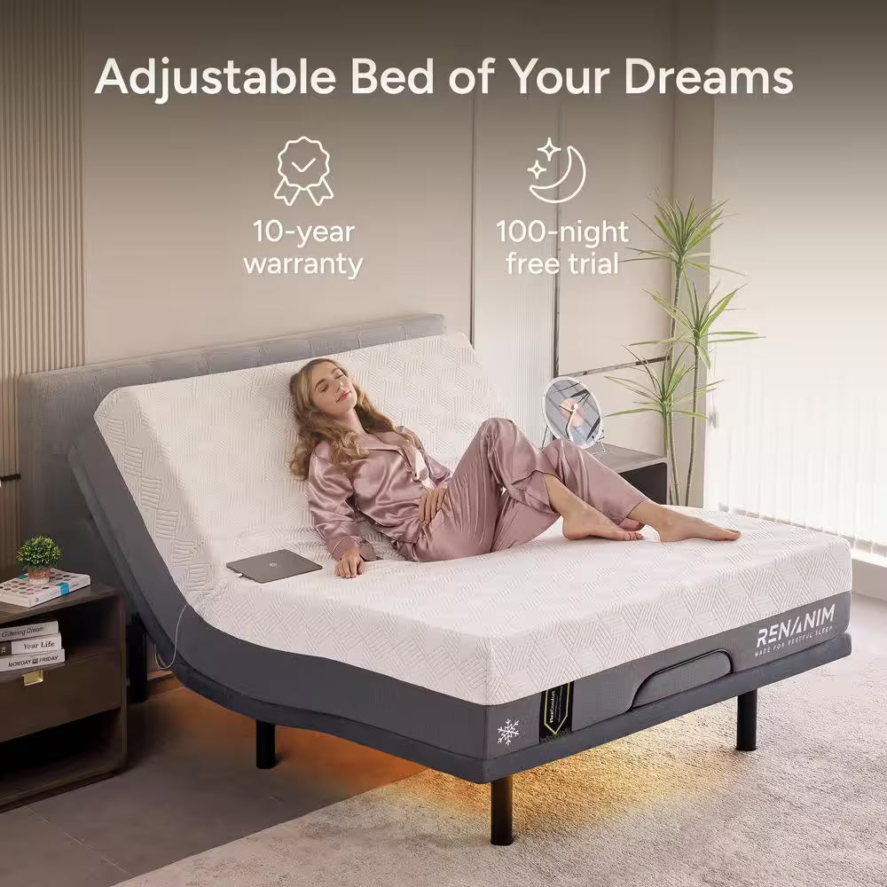 Gray Twin XL Adjustable Bed Frame Base with 14 In. Hybrid Mattress, Massage Wireless Remote Underbed Light Electric Bed